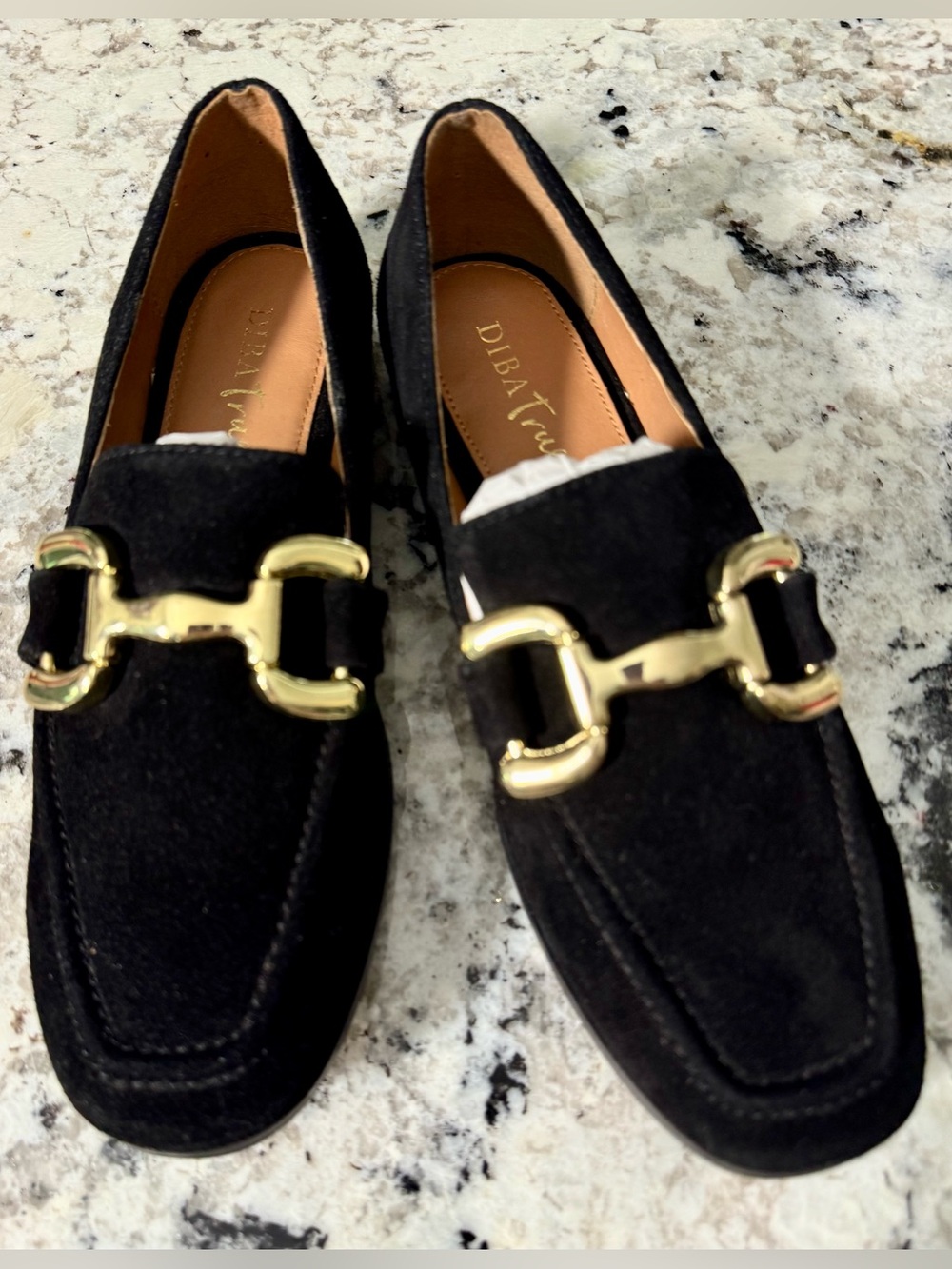 DIBA True Black Suede Loafers with Gold Hardware
